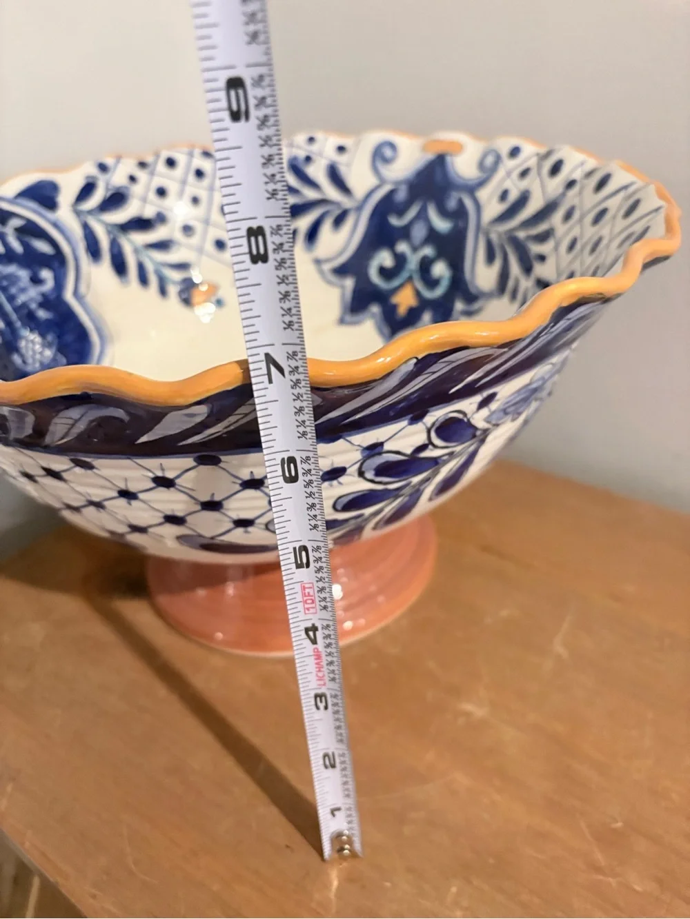 Terra Nova Hand-Painted Blue and Cream Ceramic Pedestal Bowl